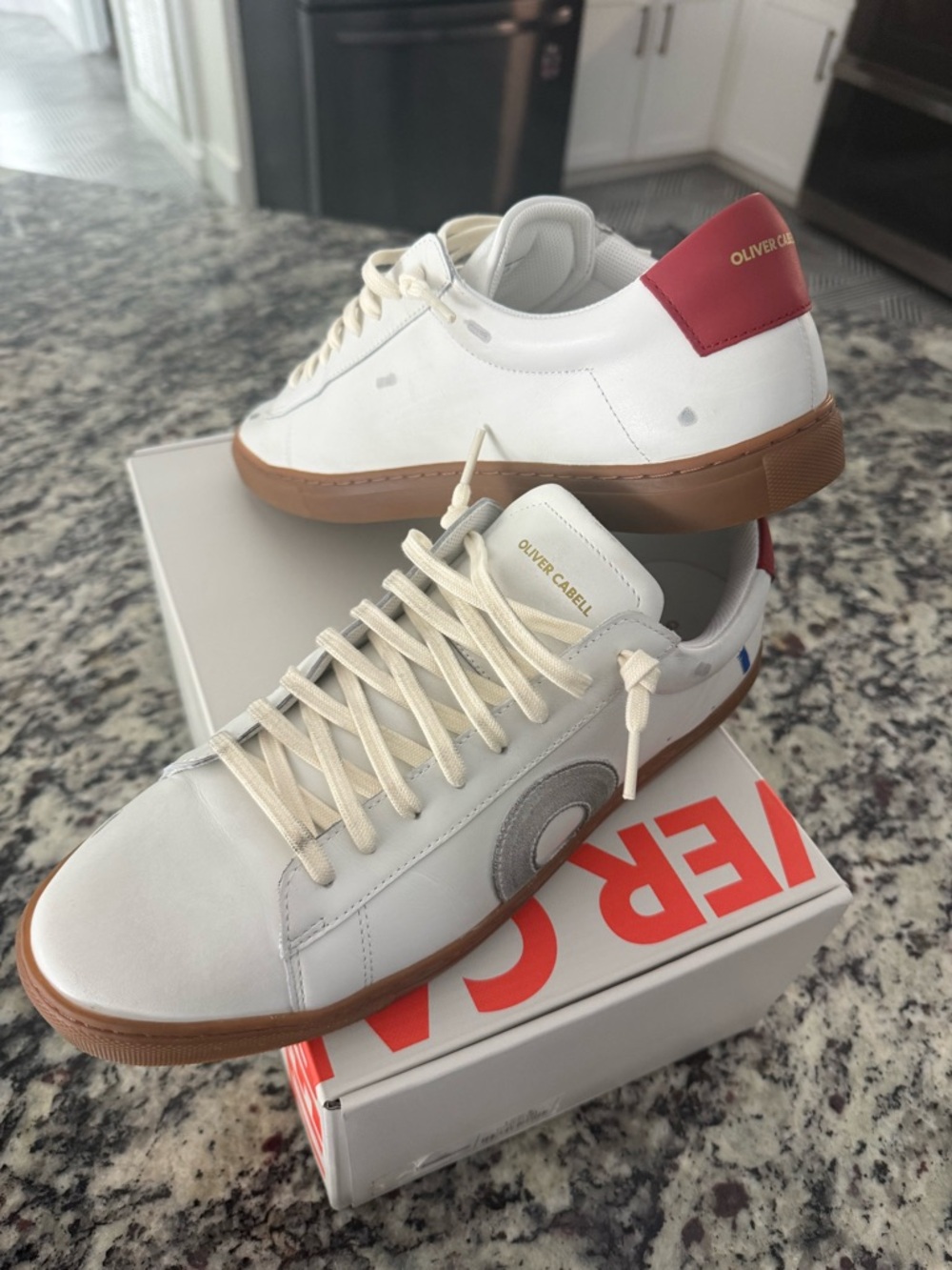 Oliver Cabell White Leather Sneakers with Red Heel and Gum Sole